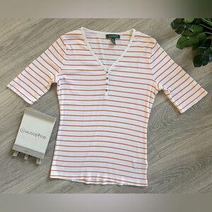 Lauren Ralph Lauren 100% cotton orange striped & ribbed stretch Henley size M